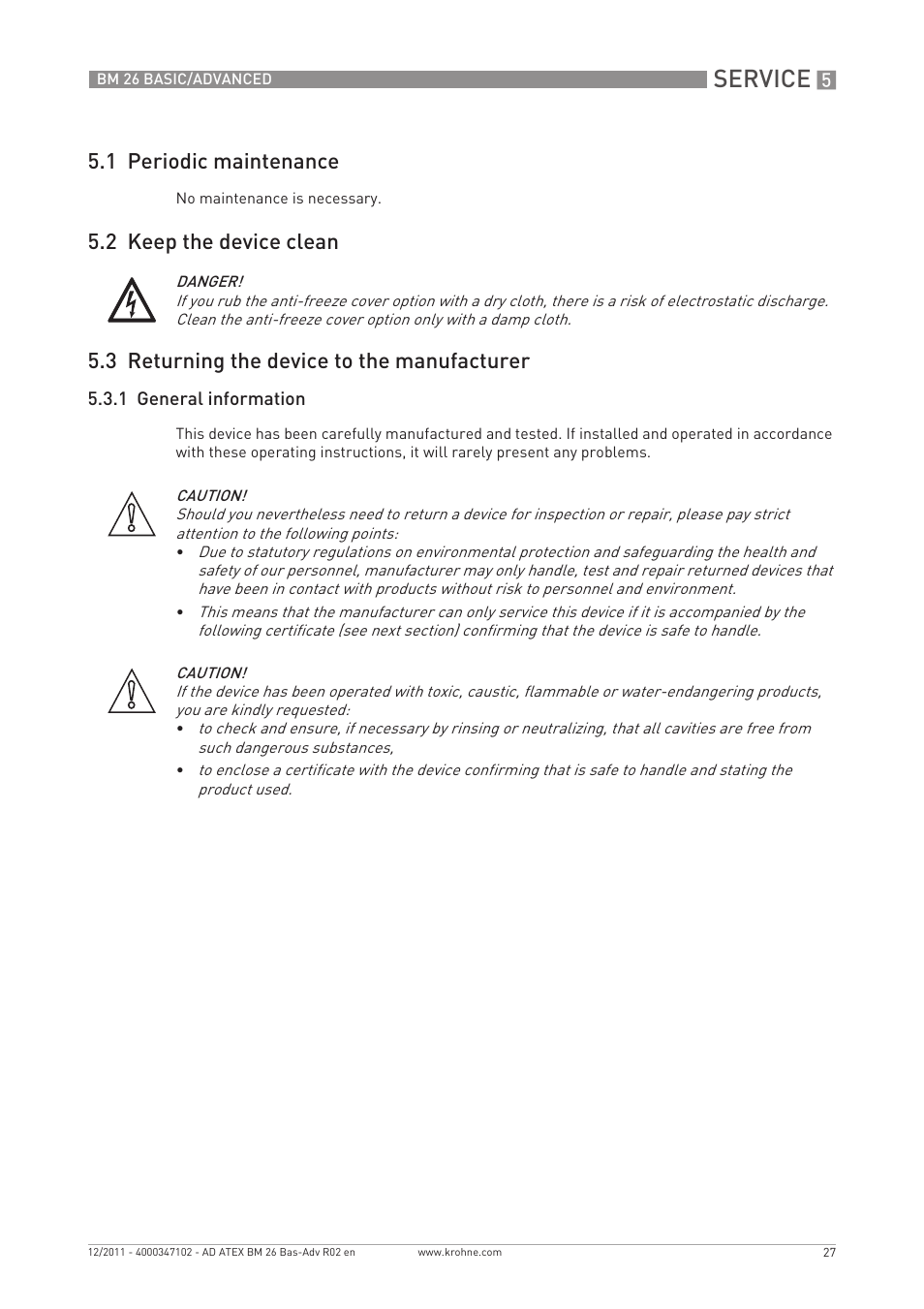 Service, 1 periodic maintenance | KROHNE BM 26 BASIC-ADVANCED ATEX EN User Manual | Page 27 / 32