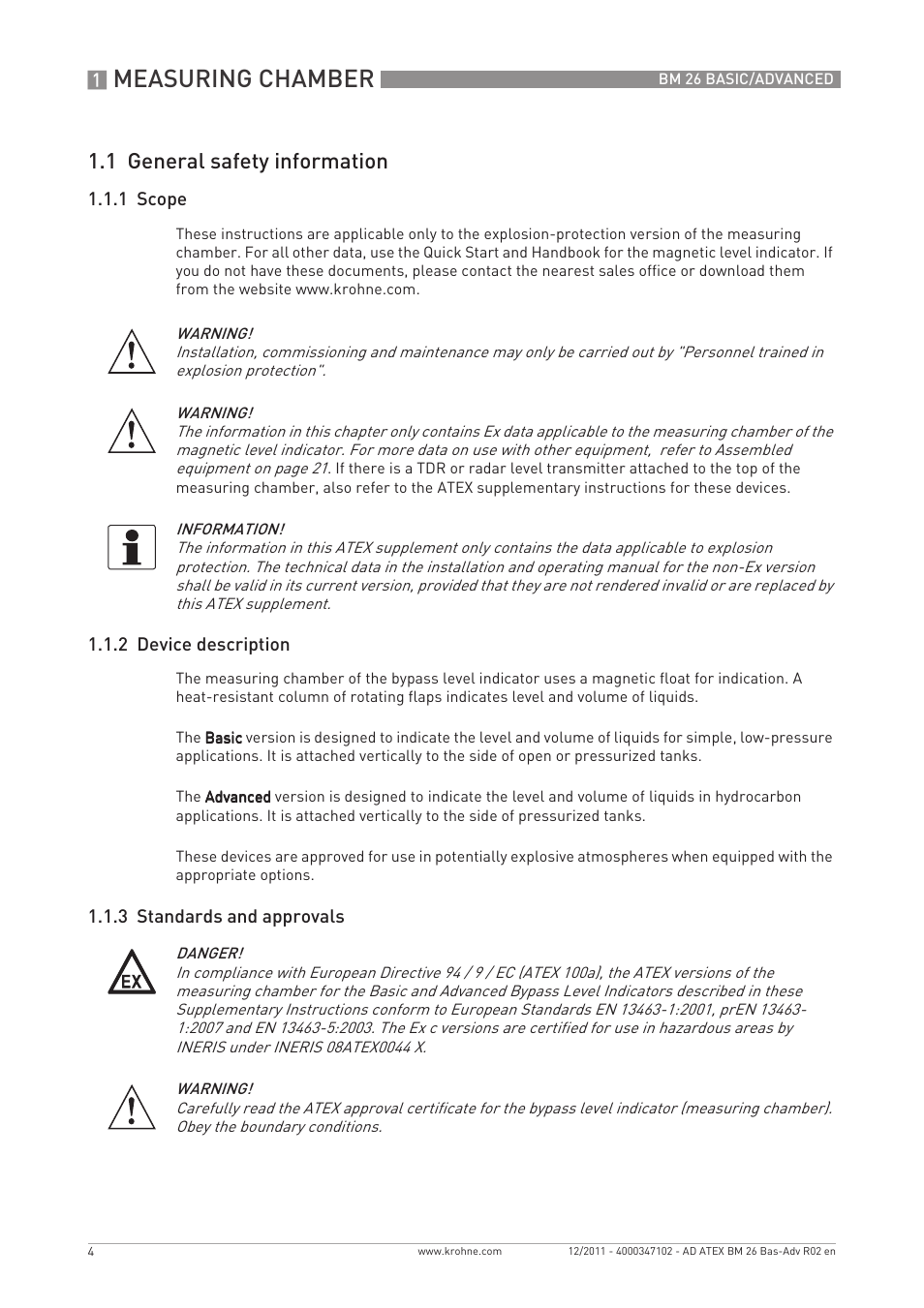 Measuring chamber, 1 general safety information | KROHNE BM 26 BASIC-ADVANCED ATEX EN User Manual | Page 4 / 32