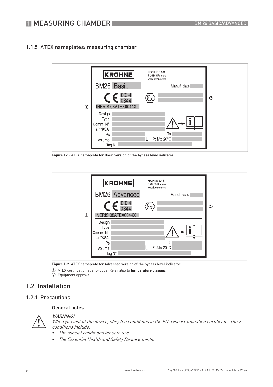 Measuring chamber, 2 installation, 5 atex nameplates: measuring chamber | 1 precautions | KROHNE BM 26 BASIC-ADVANCED ATEX EN User Manual | Page 6 / 32