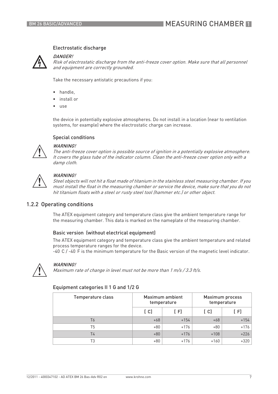 Measuring chamber, 2 operating conditions | KROHNE BM 26 BASIC-ADVANCED ATEX EN User Manual | Page 7 / 32