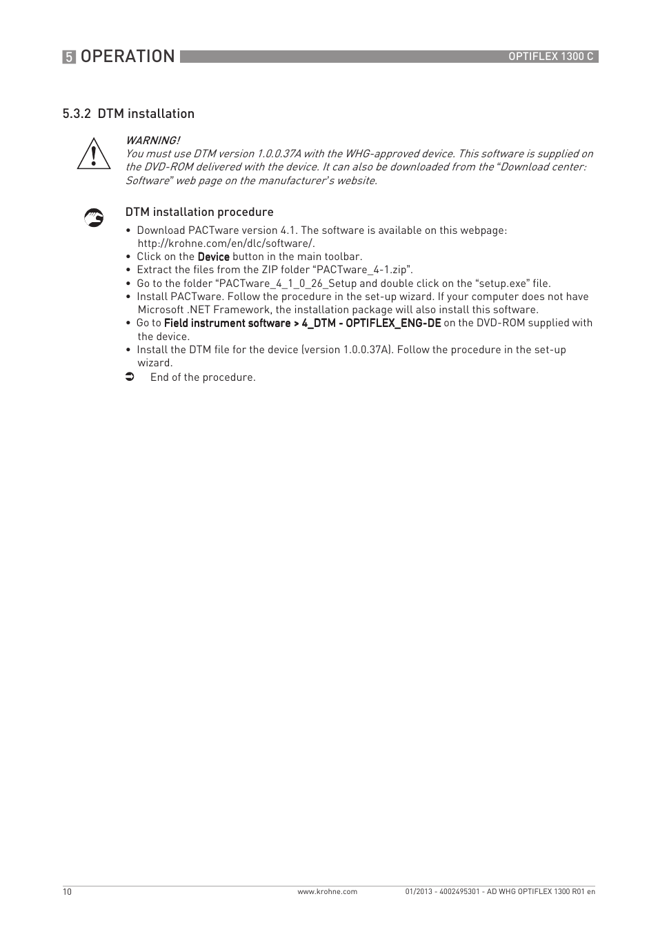 Operation, 2 dtm installation | KROHNE OPTIFLEX 1300 C WHG EN User Manual | Page 10 / 12