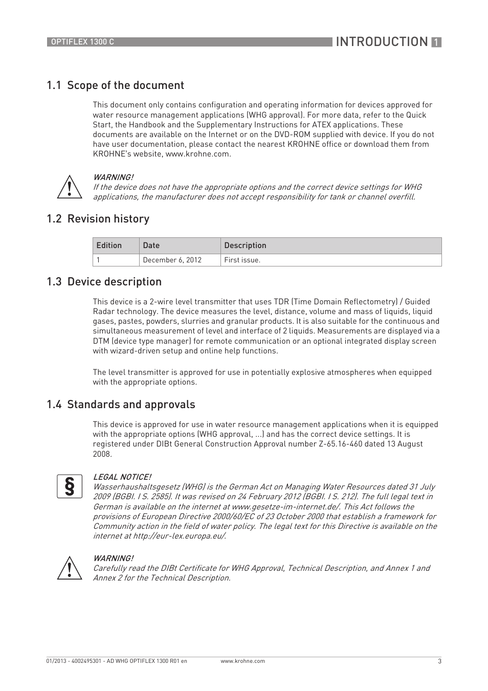 Introduction, 1 scope of the document, 2 revision history 1.3 device description | 4 standards and approvals | KROHNE OPTIFLEX 1300 C WHG EN User Manual | Page 3 / 12