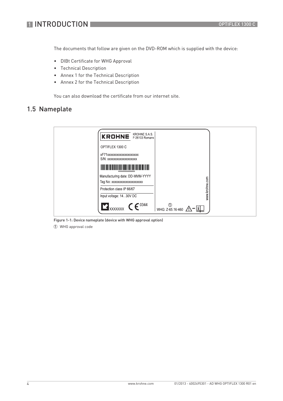 Introduction, 5 nameplate | KROHNE OPTIFLEX 1300 C WHG EN User Manual | Page 4 / 12