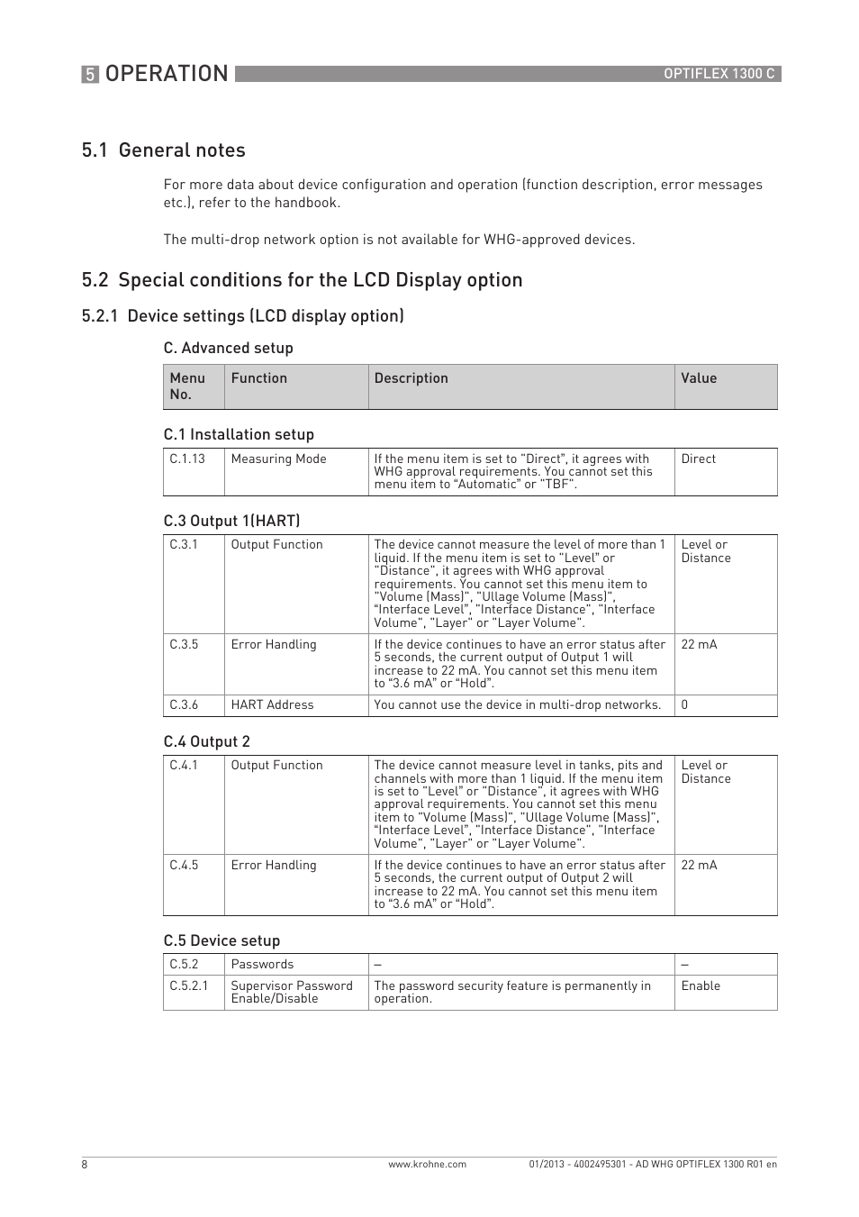 Operation, 2 special conditions for the lcd display option, 1 device settings (lcd display option) | KROHNE OPTIFLEX 1300 C WHG EN User Manual | Page 8 / 12