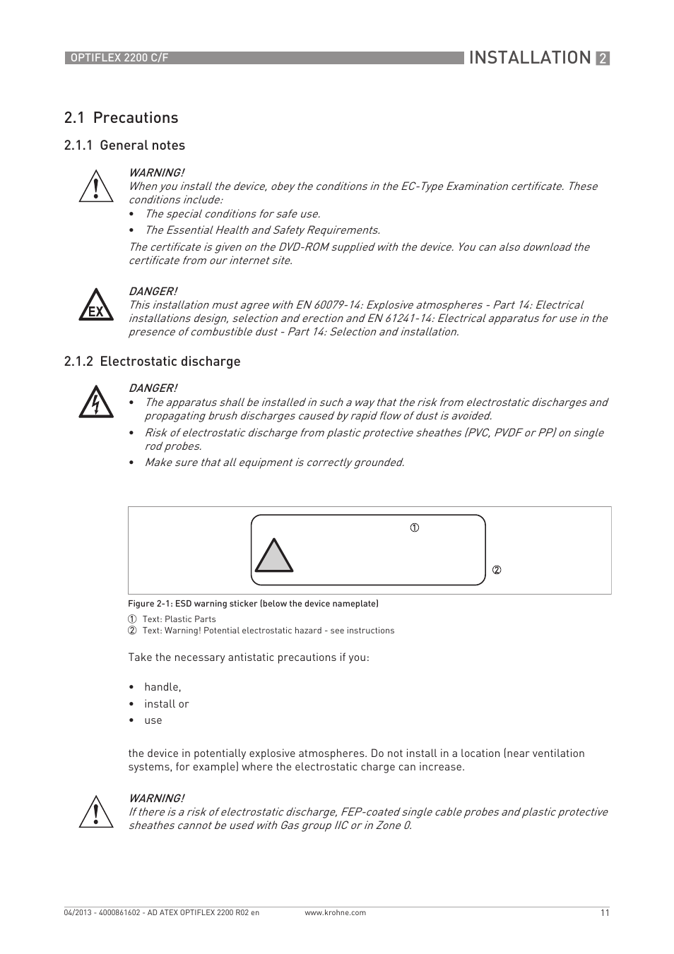 Installation, Plastic parts, 1 precautions | KROHNE OPTIFLEX 2200 ATEX EN User Manual | Page 11 / 32