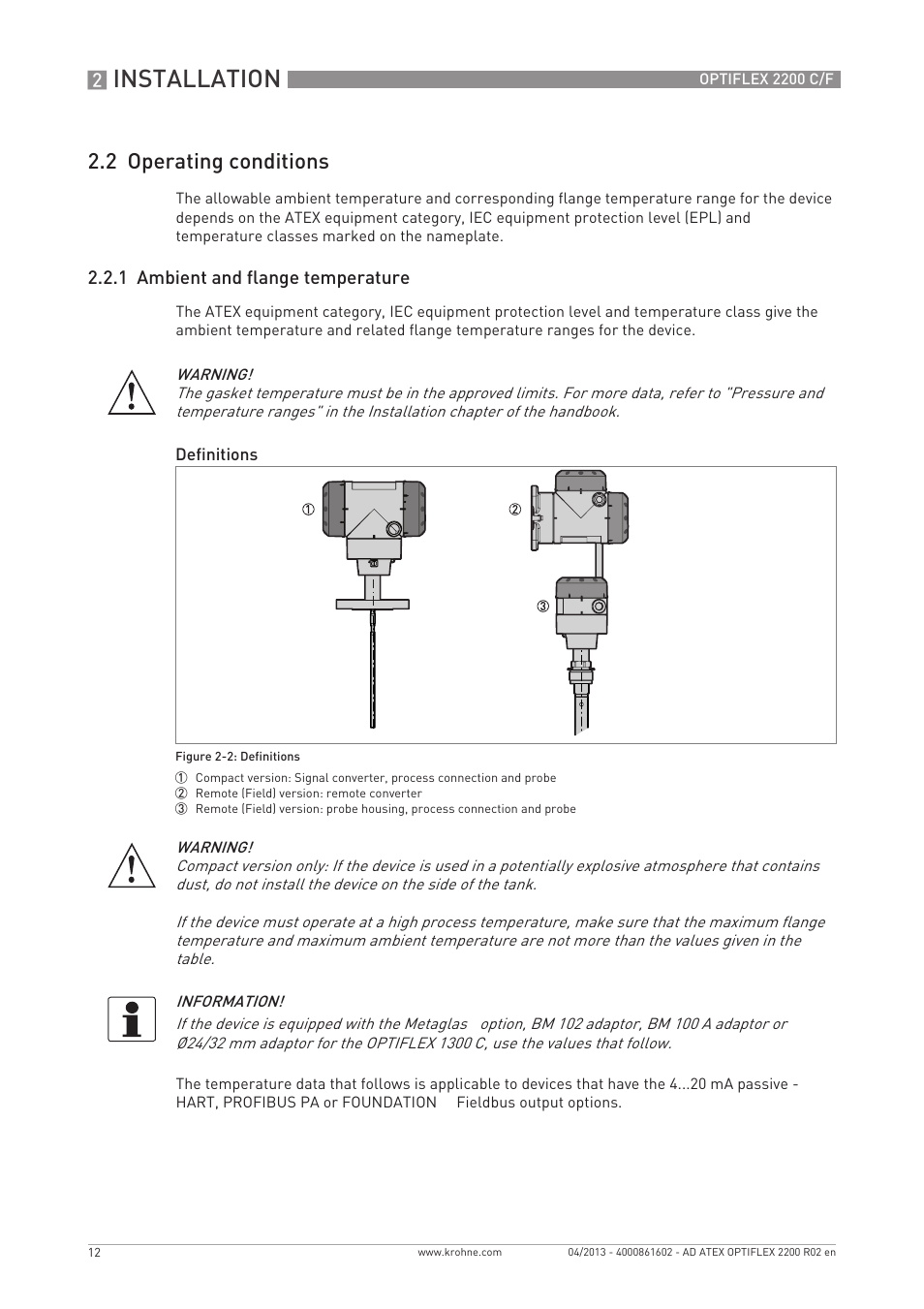 Installation, 2 operating conditions | KROHNE OPTIFLEX 2200 ATEX EN User Manual | Page 12 / 32