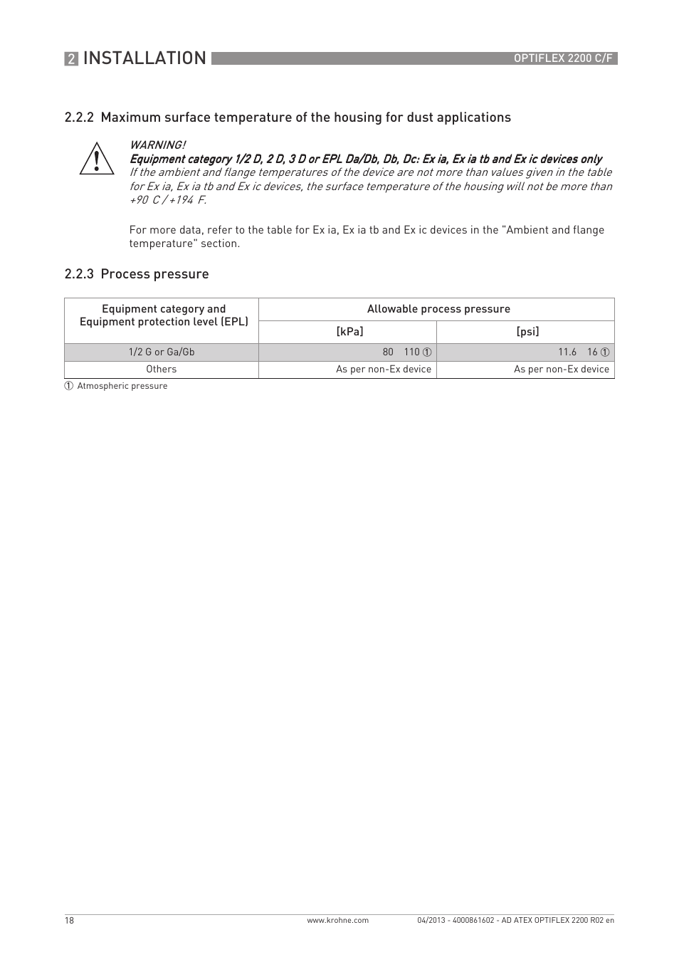 Installation, 3 process pressure | KROHNE OPTIFLEX 2200 ATEX EN User Manual | Page 18 / 32