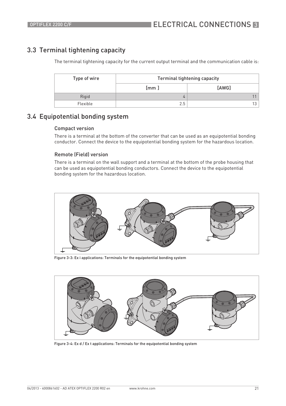 Electrical connections, 3 terminal tightening capacity, 4 equipotential bonding system | KROHNE OPTIFLEX 2200 ATEX EN User Manual | Page 21 / 32