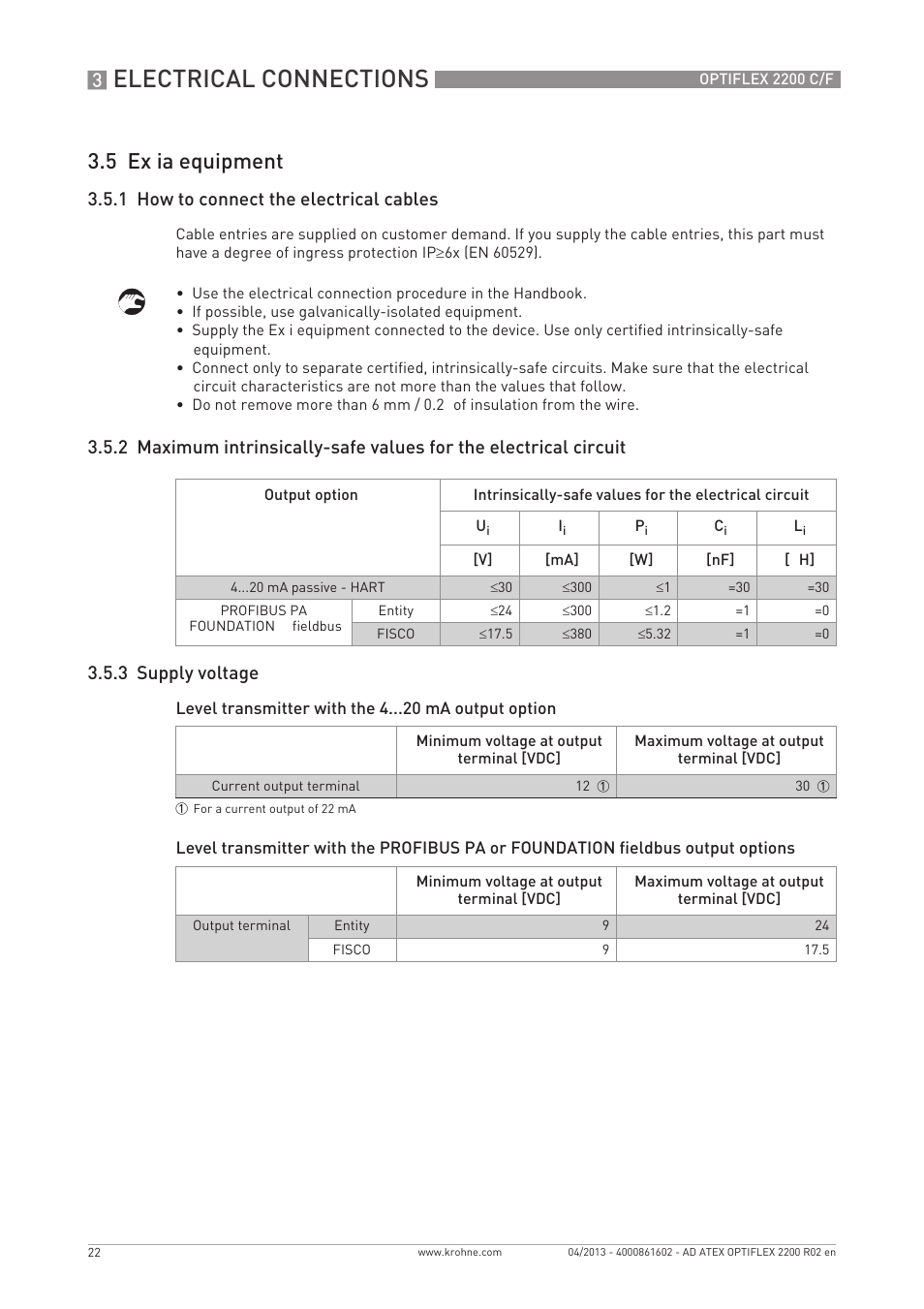 Electrical connections, 5 ex ia equipment, 1 how to connect the electrical cables | KROHNE OPTIFLEX 2200 ATEX EN User Manual | Page 22 / 32