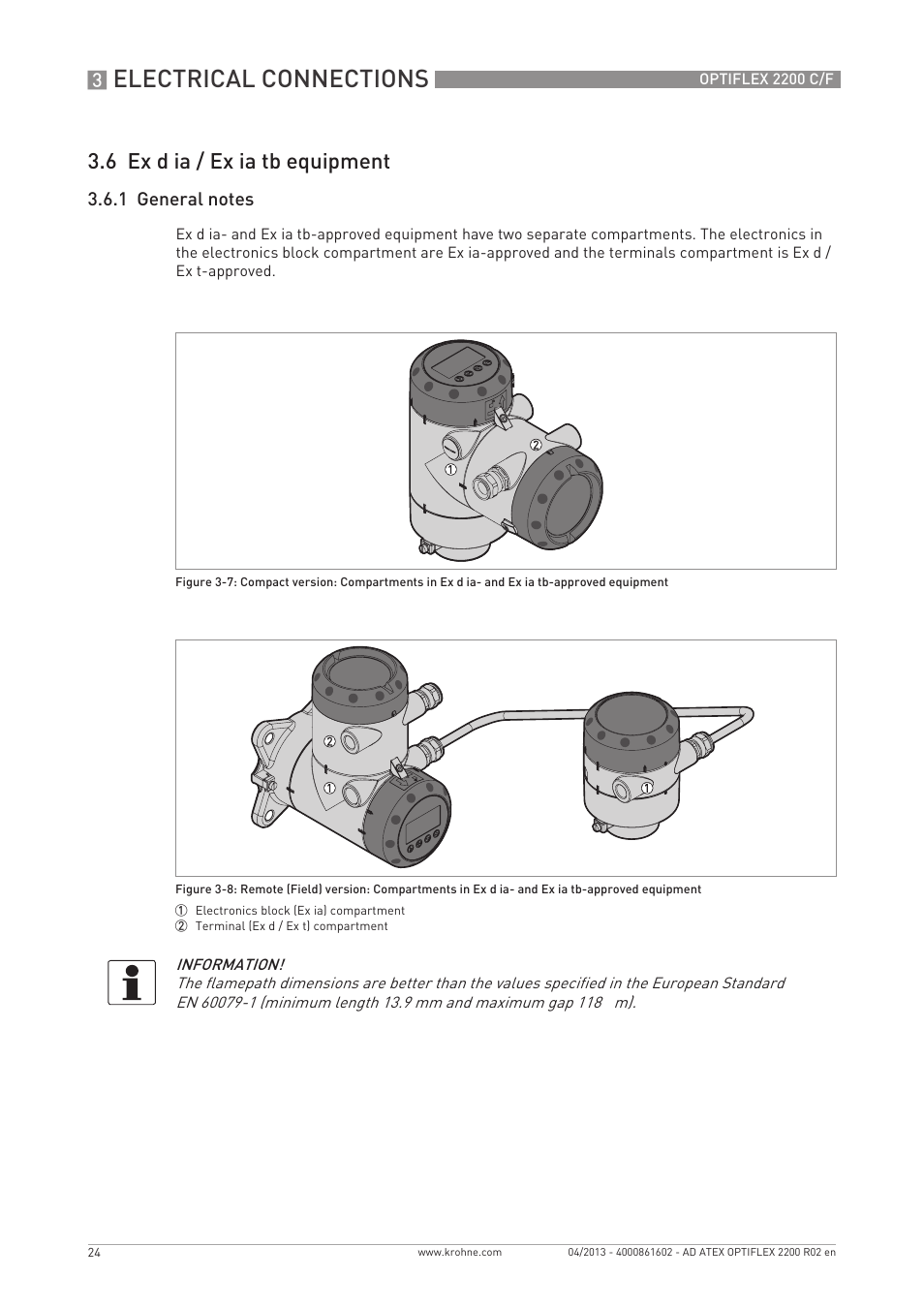 Electrical connections, 6 ex d ia / ex ia tb equipment | KROHNE OPTIFLEX 2200 ATEX EN User Manual | Page 24 / 32