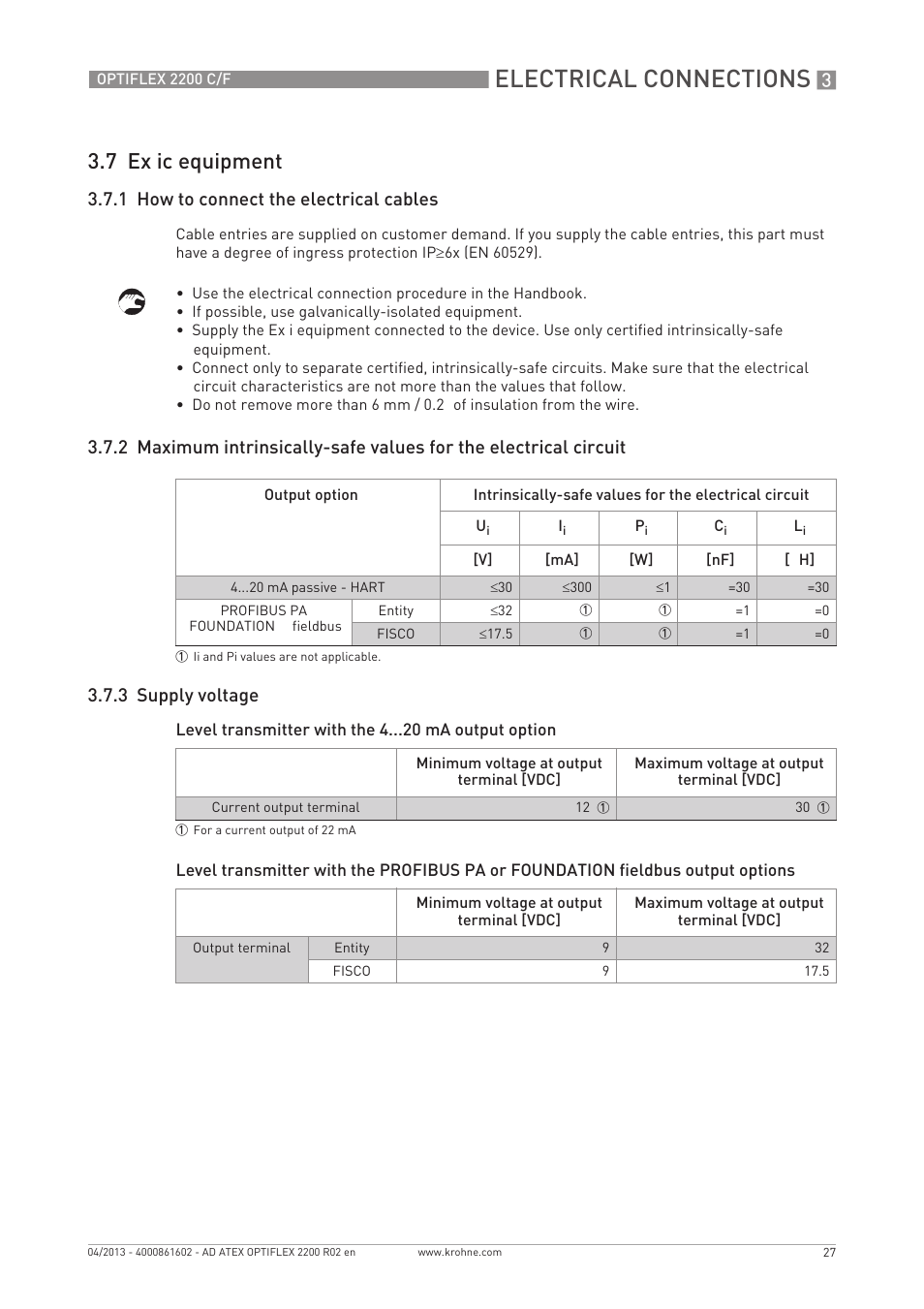 Electrical connections, 7 ex ic equipment, 1 how to connect the electrical cables | KROHNE OPTIFLEX 2200 ATEX EN User Manual | Page 27 / 32