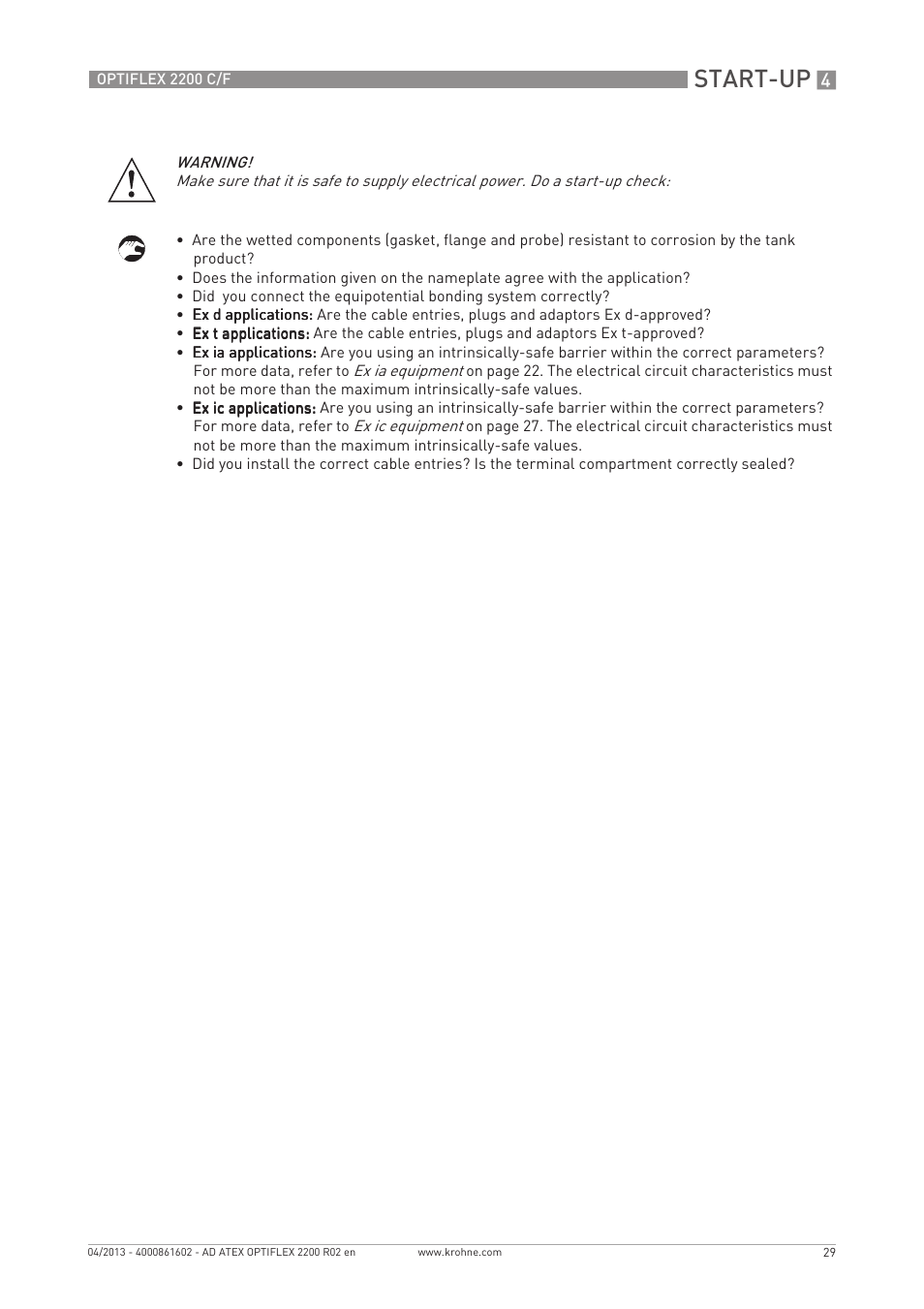 Start-up | KROHNE OPTIFLEX 2200 ATEX EN User Manual | Page 29 / 32