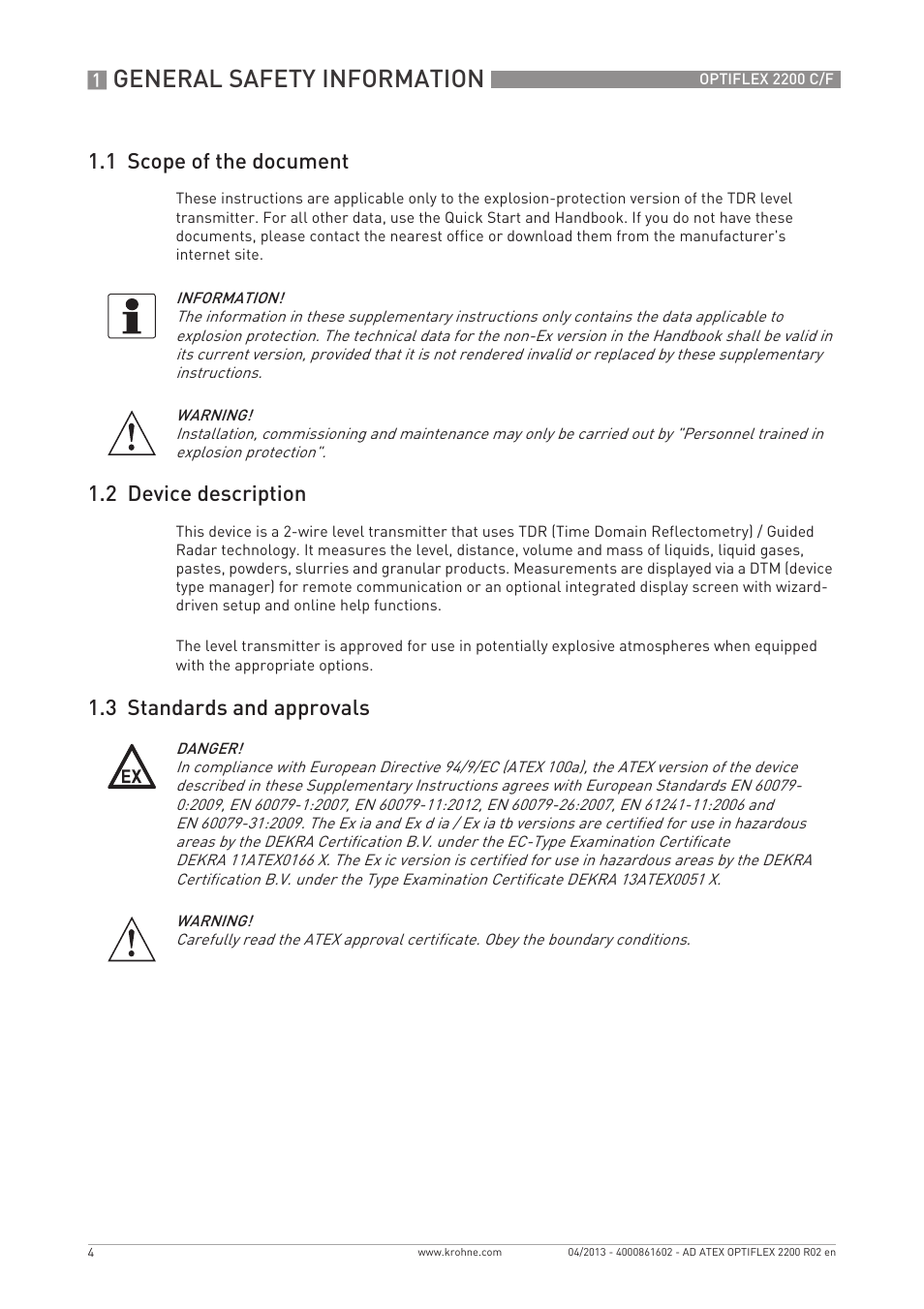 General safety information, 1 scope of the document, 2 device description | 3 standards and approvals | KROHNE OPTIFLEX 2200 ATEX EN User Manual | Page 4 / 32