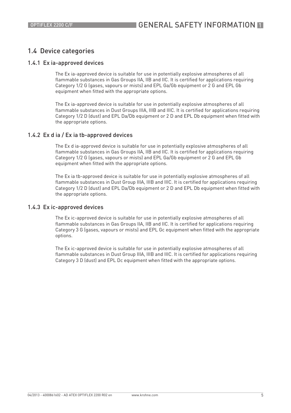 General safety information, 4 device categories | KROHNE OPTIFLEX 2200 ATEX EN User Manual | Page 5 / 32