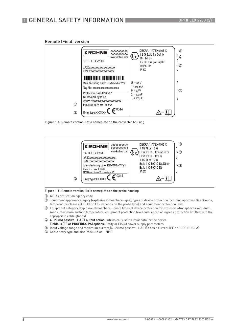 General safety information, Remote (field) version | KROHNE OPTIFLEX 2200 ATEX EN User Manual | Page 8 / 32