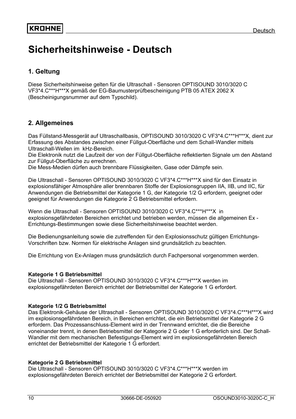 Sicherheitshinweise - deutsch | KROHNE OPTISOUND 3010-3020 Ex DE User Manual | Page 10 / 32