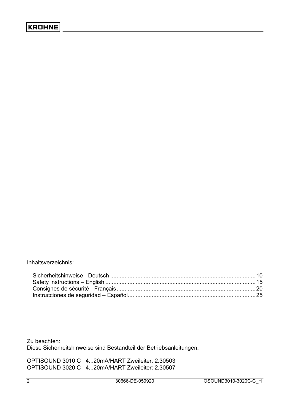 KROHNE OPTISOUND 3010-3020 Ex DE User Manual | Page 2 / 32