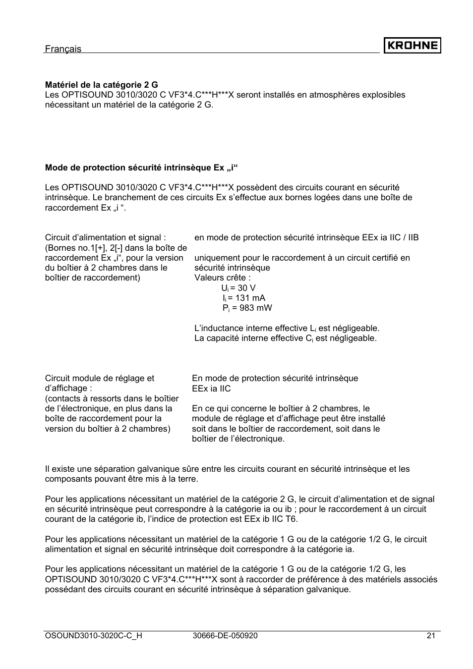 Caractéristiques techniques | KROHNE OPTISOUND 3010-3020 Ex DE User Manual | Page 21 / 32