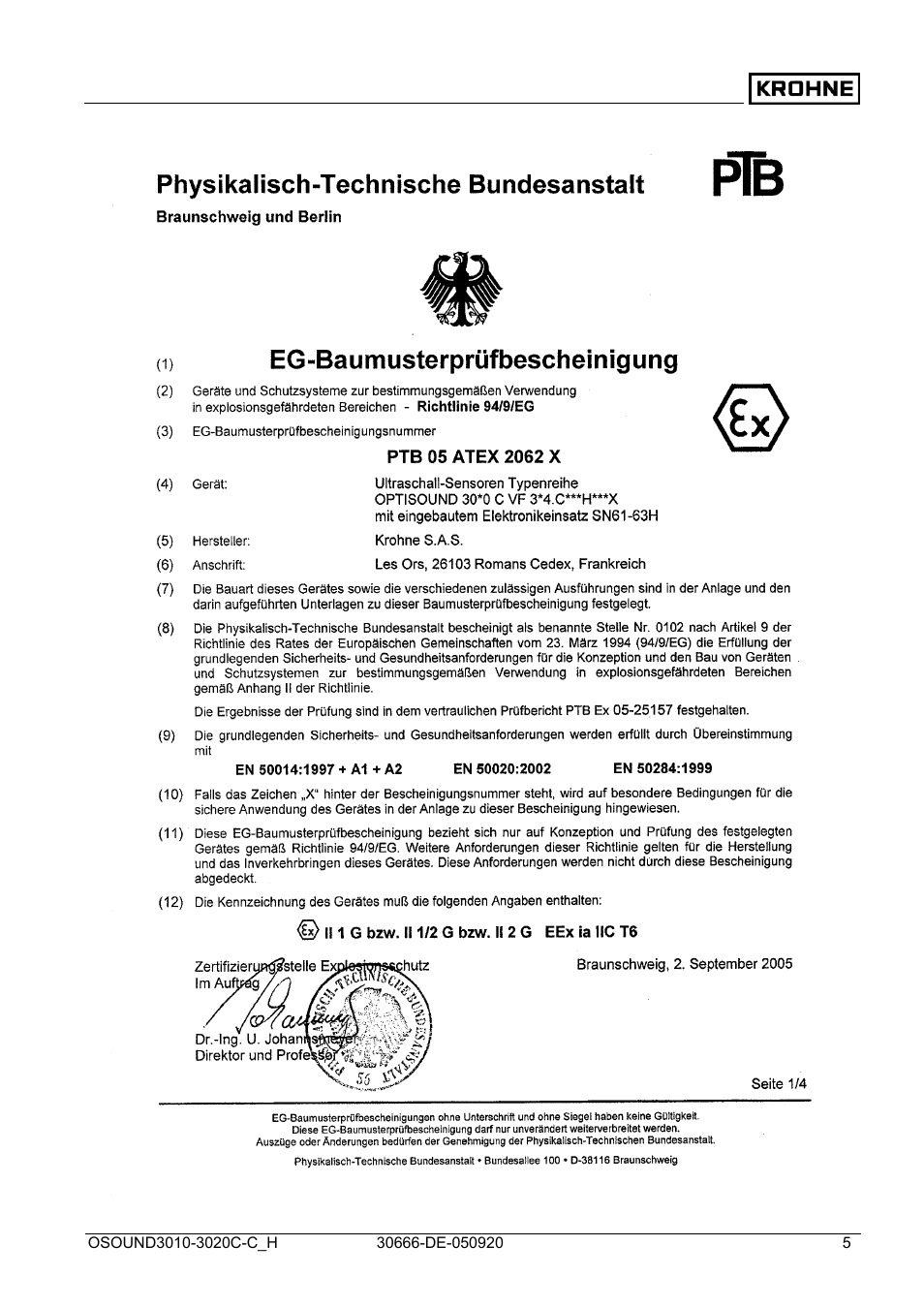 KROHNE OPTISOUND 3010-3020 Ex DE User Manual | Page 5 / 32