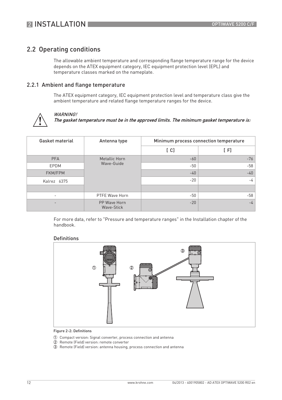 Installation, 2 operating conditions, 1 ambient and flange temperature | KROHNE OPTIWAVE 5200 ATEX EN User Manual | Page 12 / 36