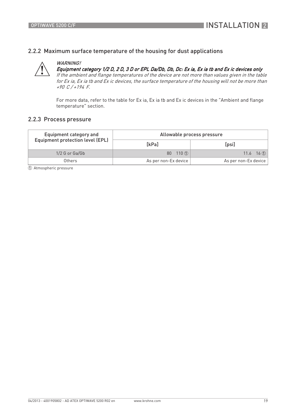 Installation, 3 process pressure | KROHNE OPTIWAVE 5200 ATEX EN User Manual | Page 19 / 36