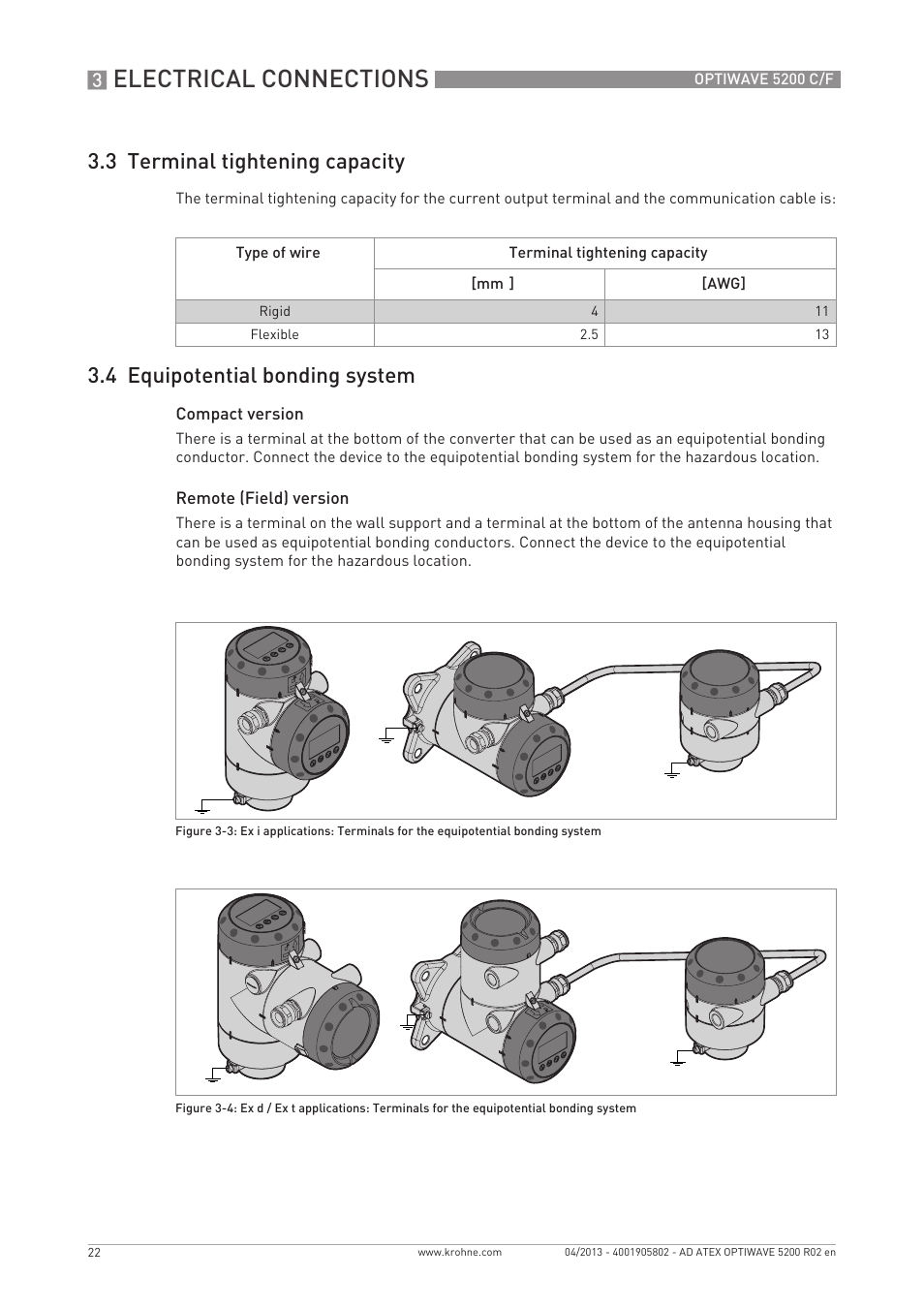 Electrical connections, 3 terminal tightening capacity, 4 equipotential bonding system | KROHNE OPTIWAVE 5200 ATEX EN User Manual | Page 22 / 36