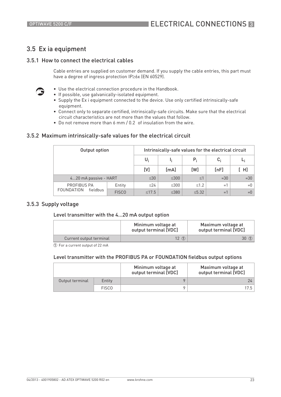 Electrical connections, 5 ex ia equipment, 1 how to connect the electrical cables | KROHNE OPTIWAVE 5200 ATEX EN User Manual | Page 23 / 36