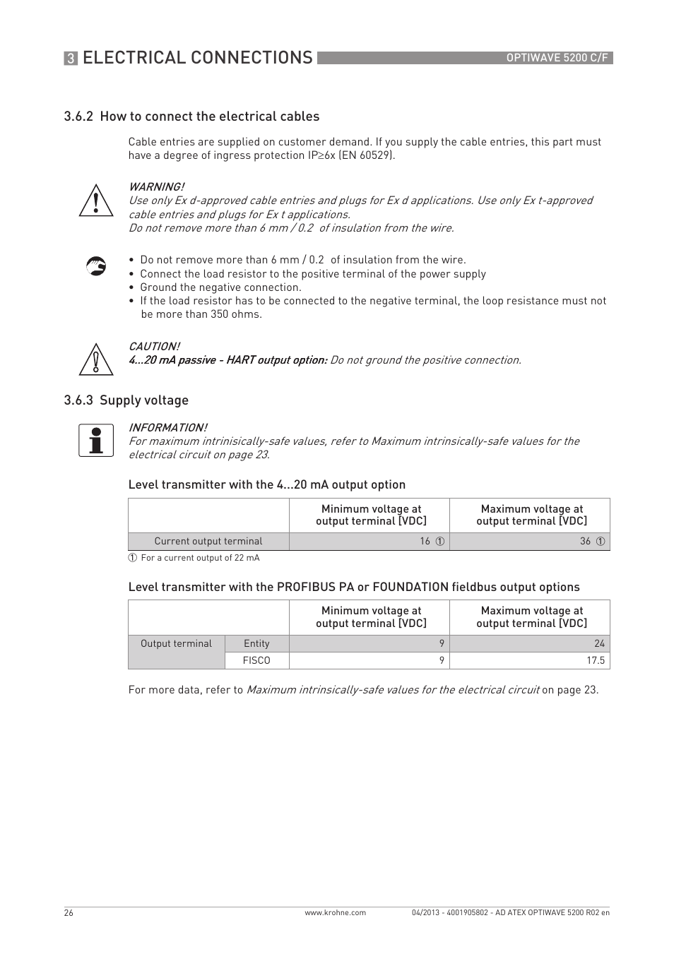 Electrical connections, 2 how to connect the electrical cables, 3 supply voltage | KROHNE OPTIWAVE 5200 ATEX EN User Manual | Page 26 / 36