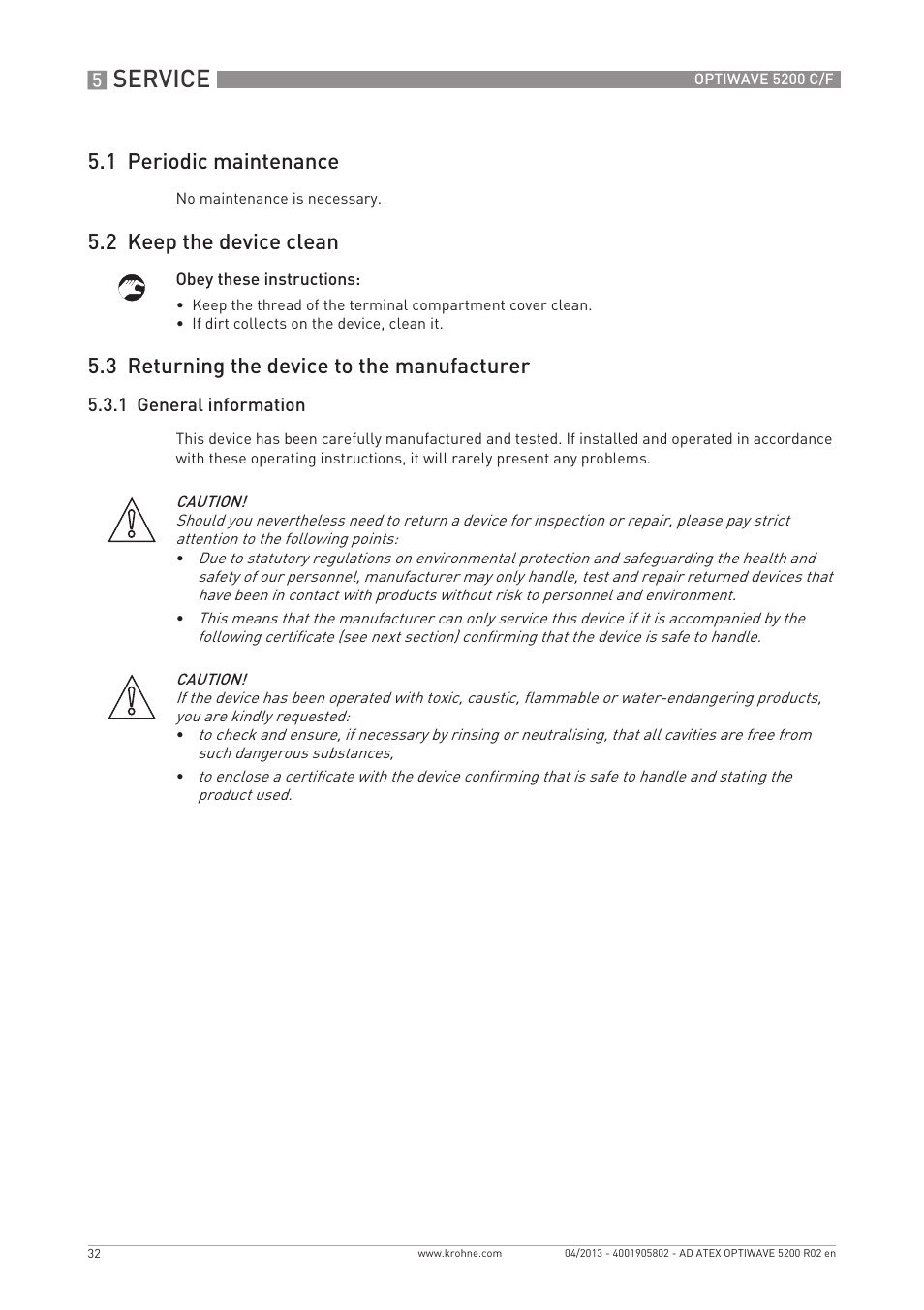 Service, 1 periodic maintenance, 2 keep the device clean | 3 returning the device to the manufacturer | KROHNE OPTIWAVE 5200 ATEX EN User Manual | Page 32 / 36