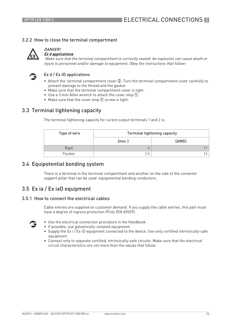 Electrical connections, 3 terminal tightening capacity, 4 equipotential bonding system | 5 ex ia / ex iad equipment | KROHNE OPTIFLEX 1300C ATEX EN User Manual | Page 15 / 24