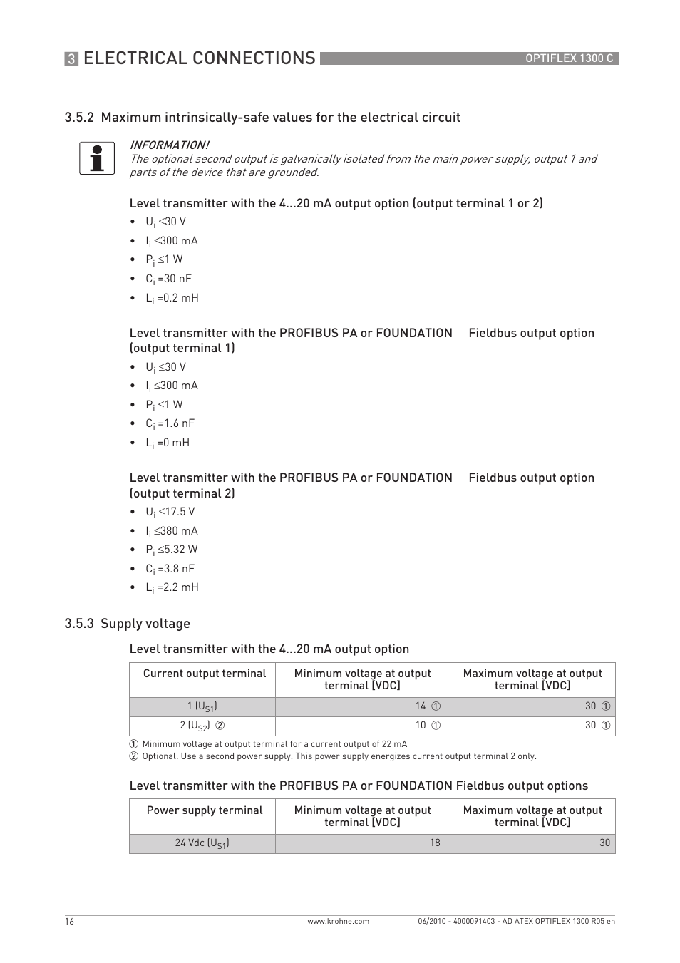 Electrical connections, 3 supply voltage | KROHNE OPTIFLEX 1300C ATEX EN User Manual | Page 16 / 24