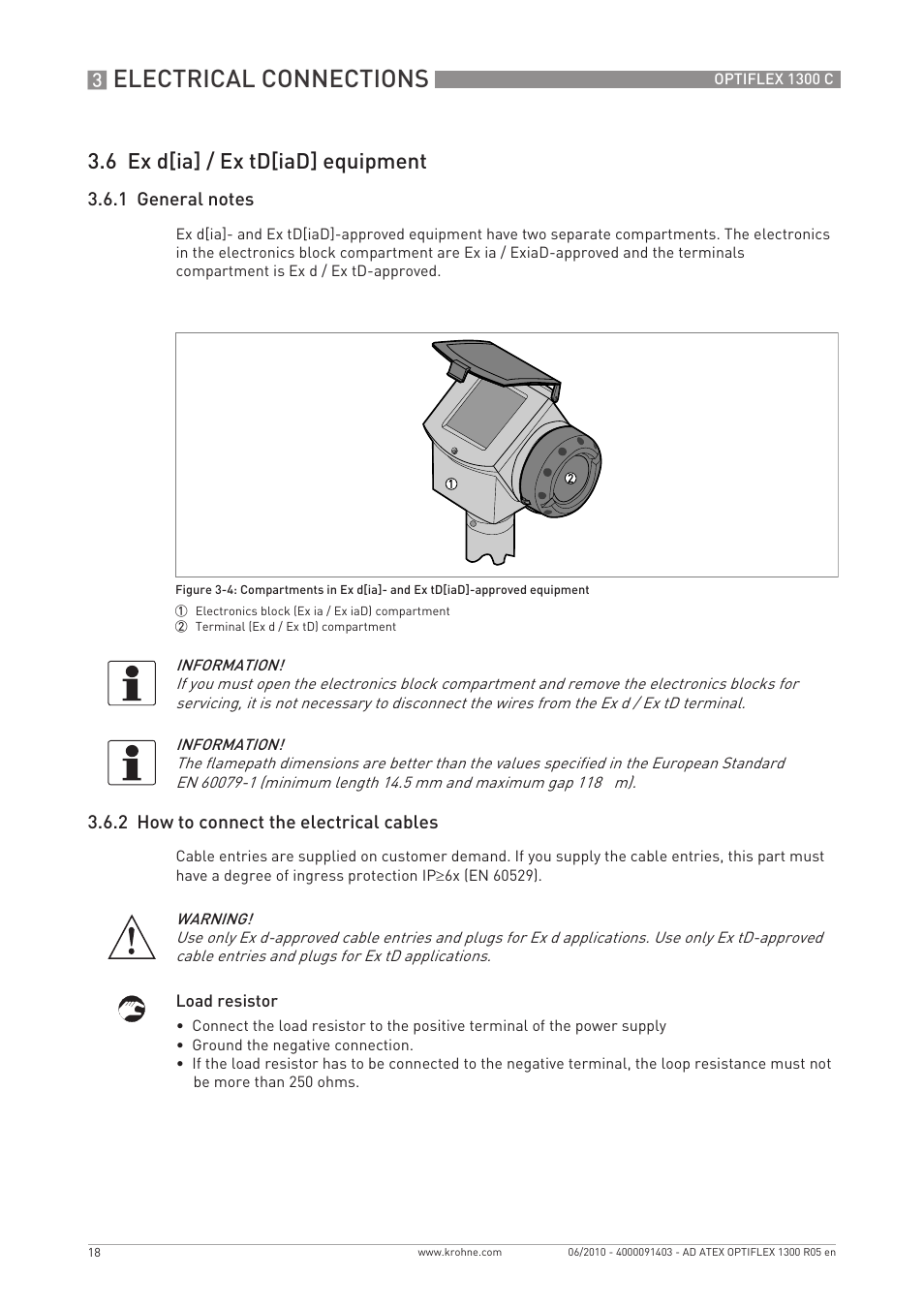 Electrical connections, 6 ex d[ia] / ex td[iad] equipment | KROHNE OPTIFLEX 1300C ATEX EN User Manual | Page 18 / 24