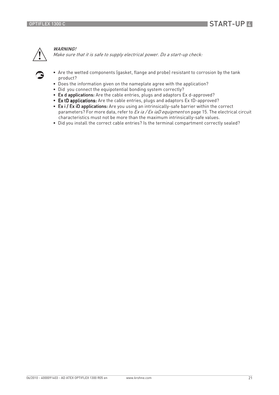 Start-up | KROHNE OPTIFLEX 1300C ATEX EN User Manual | Page 21 / 24