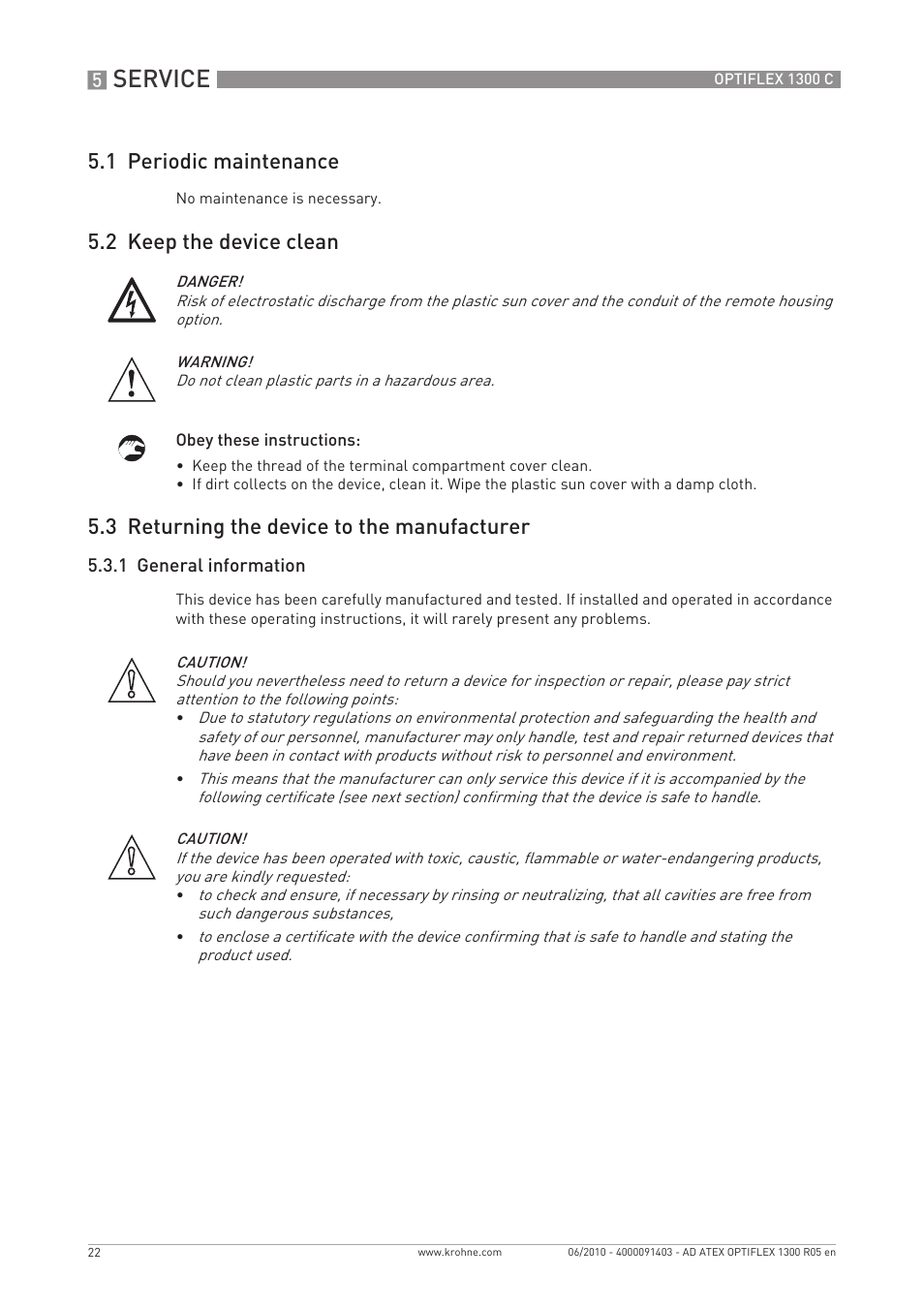 Service, 1 periodic maintenance, 2 keep the device clean | 3 returning the device to the manufacturer | KROHNE OPTIFLEX 1300C ATEX EN User Manual | Page 22 / 24