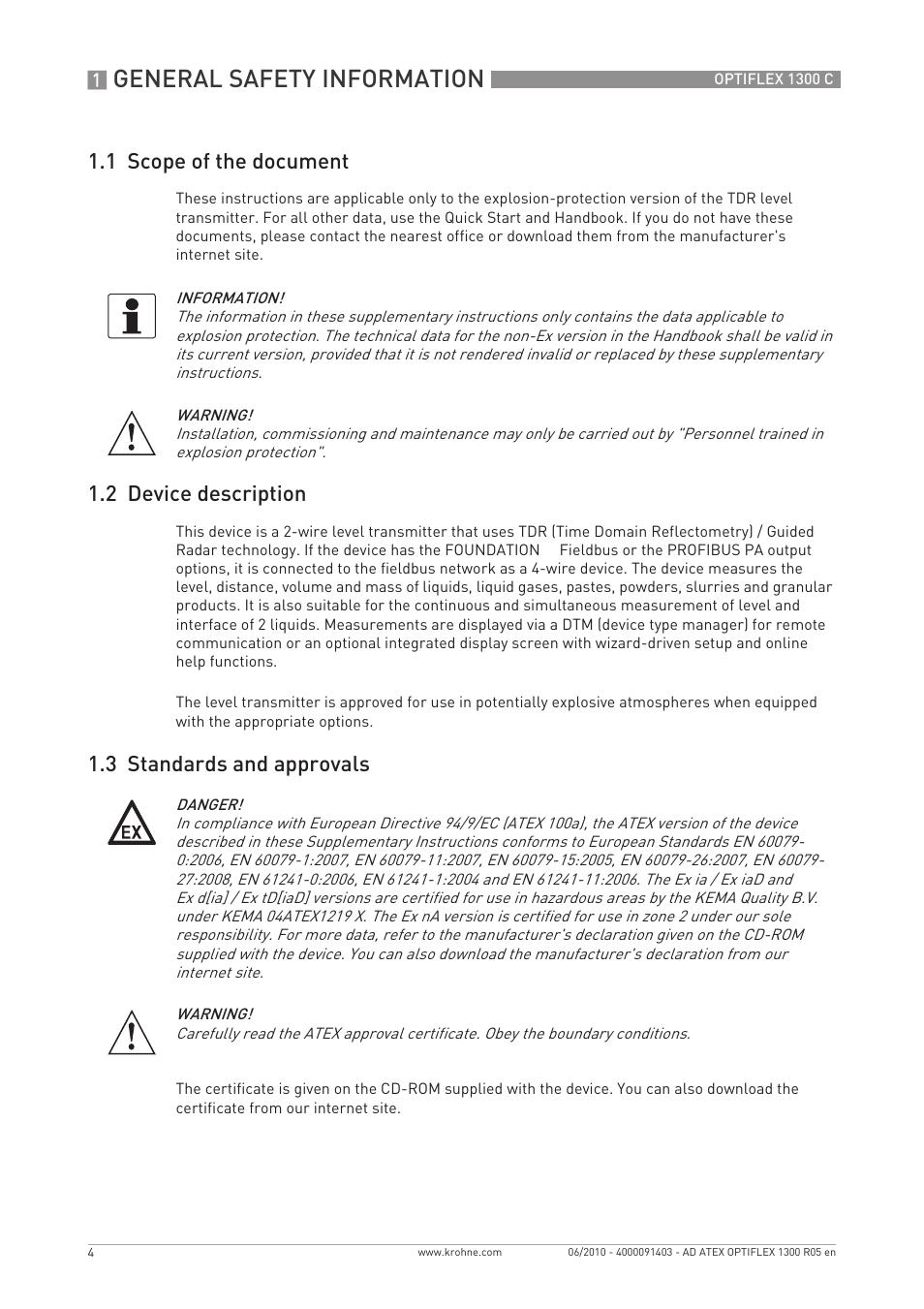 General safety information, 1 scope of the document, 2 device description | 3 standards and approvals | KROHNE OPTIFLEX 1300C ATEX EN User Manual | Page 4 / 24