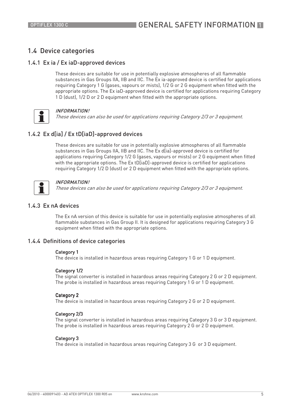 General safety information, 4 device categories | KROHNE OPTIFLEX 1300C ATEX EN User Manual | Page 5 / 24