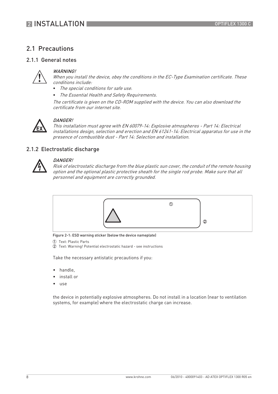 Installation, Plastic parts, 1 precautions | KROHNE OPTIFLEX 1300C ATEX EN User Manual | Page 8 / 24