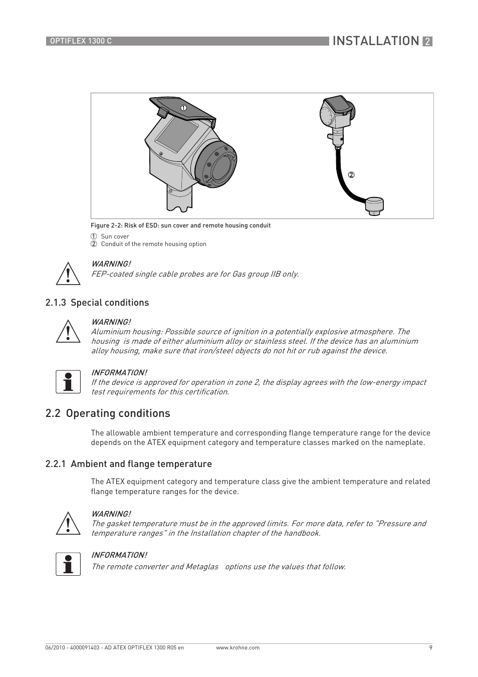 Installation, 2 operating conditions | KROHNE OPTIFLEX 1300C ATEX EN User Manual | Page 9 / 24
