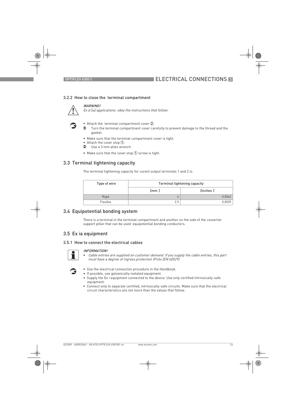 Electrical connections, 3 terminal tightening capacity, 4 equipotential bonding system | 5 ex ia equipment | KROHNE OPTIFLEX 4300C ATEX EN User Manual | Page 13 / 28