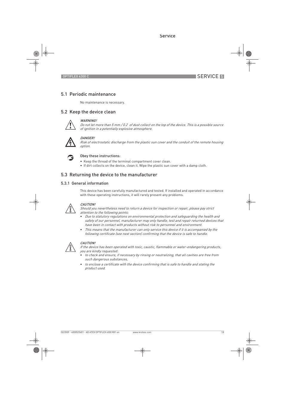 Service | KROHNE OPTIFLEX 4300C ATEX EN User Manual | Page 19 / 28