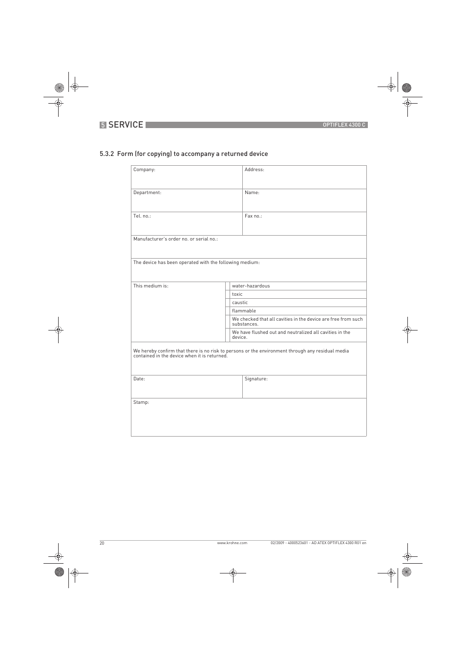 Service | KROHNE OPTIFLEX 4300C ATEX EN User Manual | Page 20 / 28