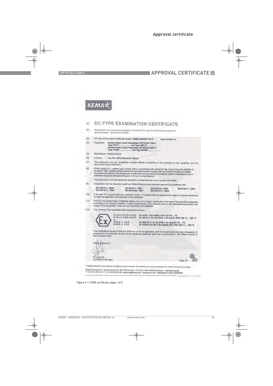 Approval certificate | KROHNE OPTIFLEX 4300C ATEX EN User Manual | Page 21 / 28