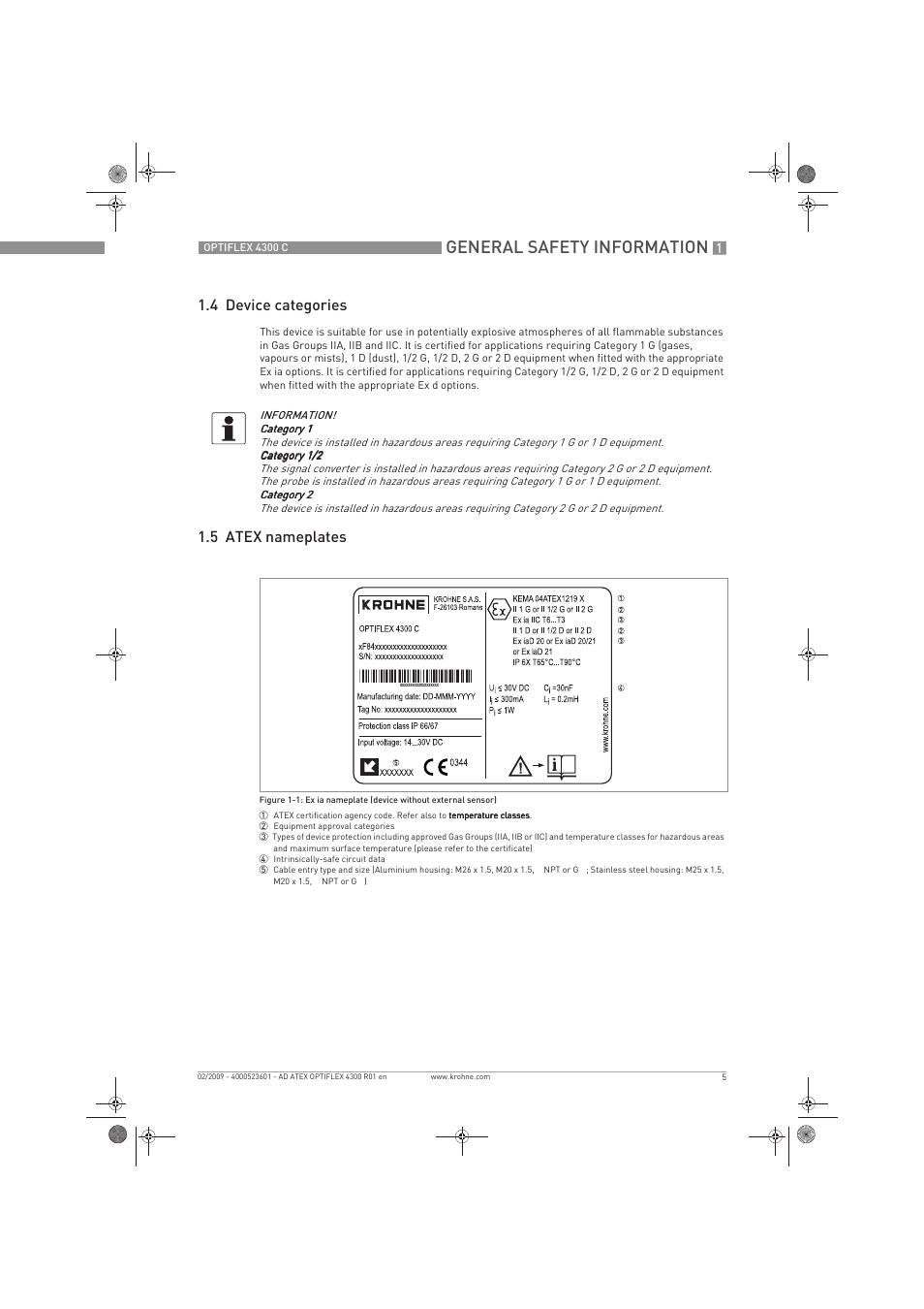 General safety information, 4 device categories, 5 atex nameplates | KROHNE OPTIFLEX 4300C ATEX EN User Manual | Page 5 / 28