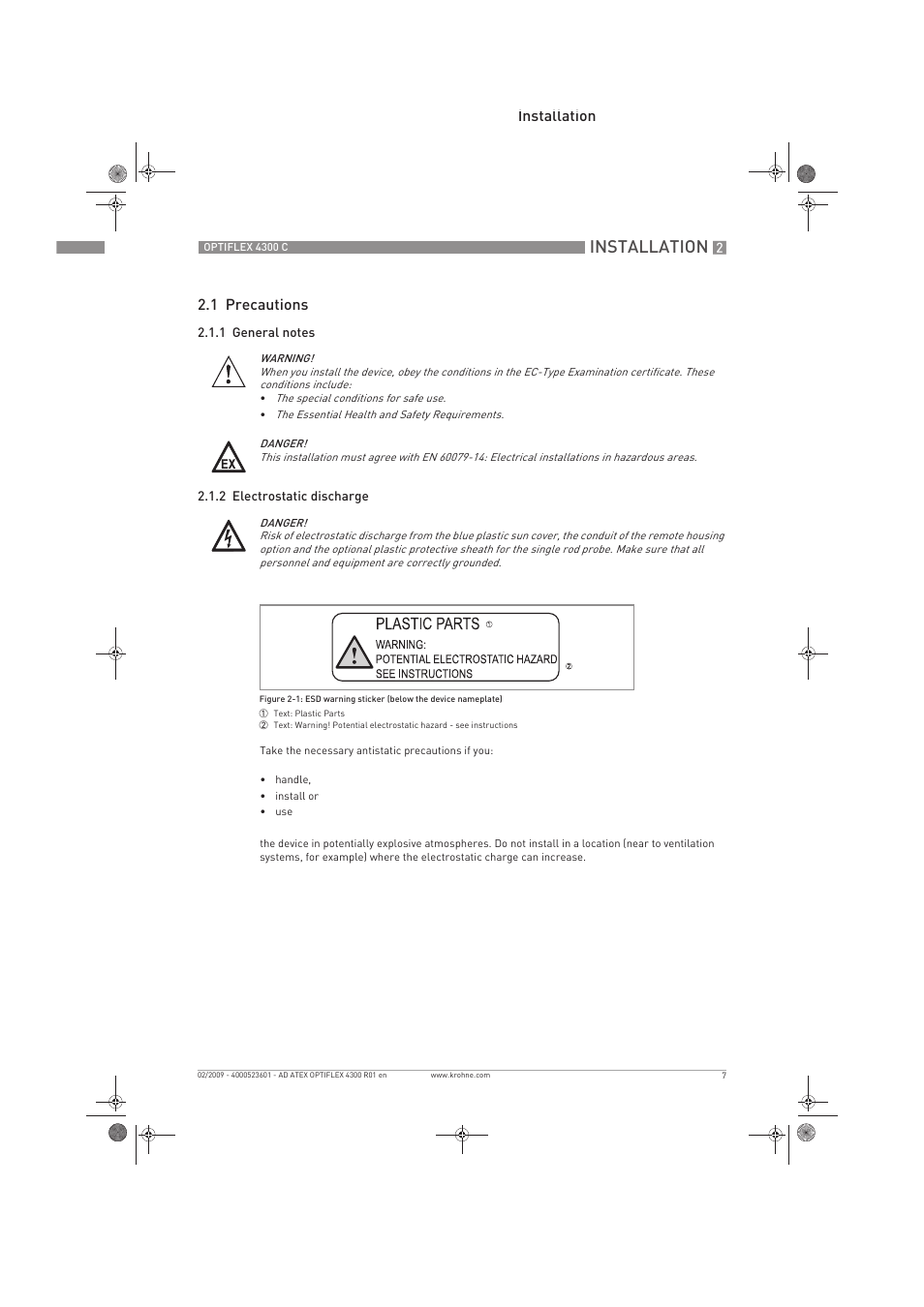 Installation, Installation 2.1 precautions | KROHNE OPTIFLEX 4300C ATEX EN User Manual | Page 7 / 28