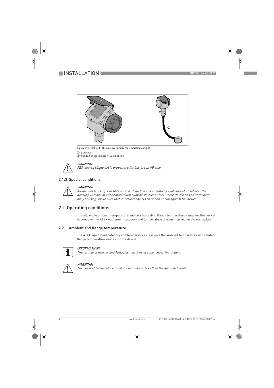 Installation, 2 operating conditions | KROHNE OPTIFLEX 4300C ATEX EN User Manual | Page 8 / 28