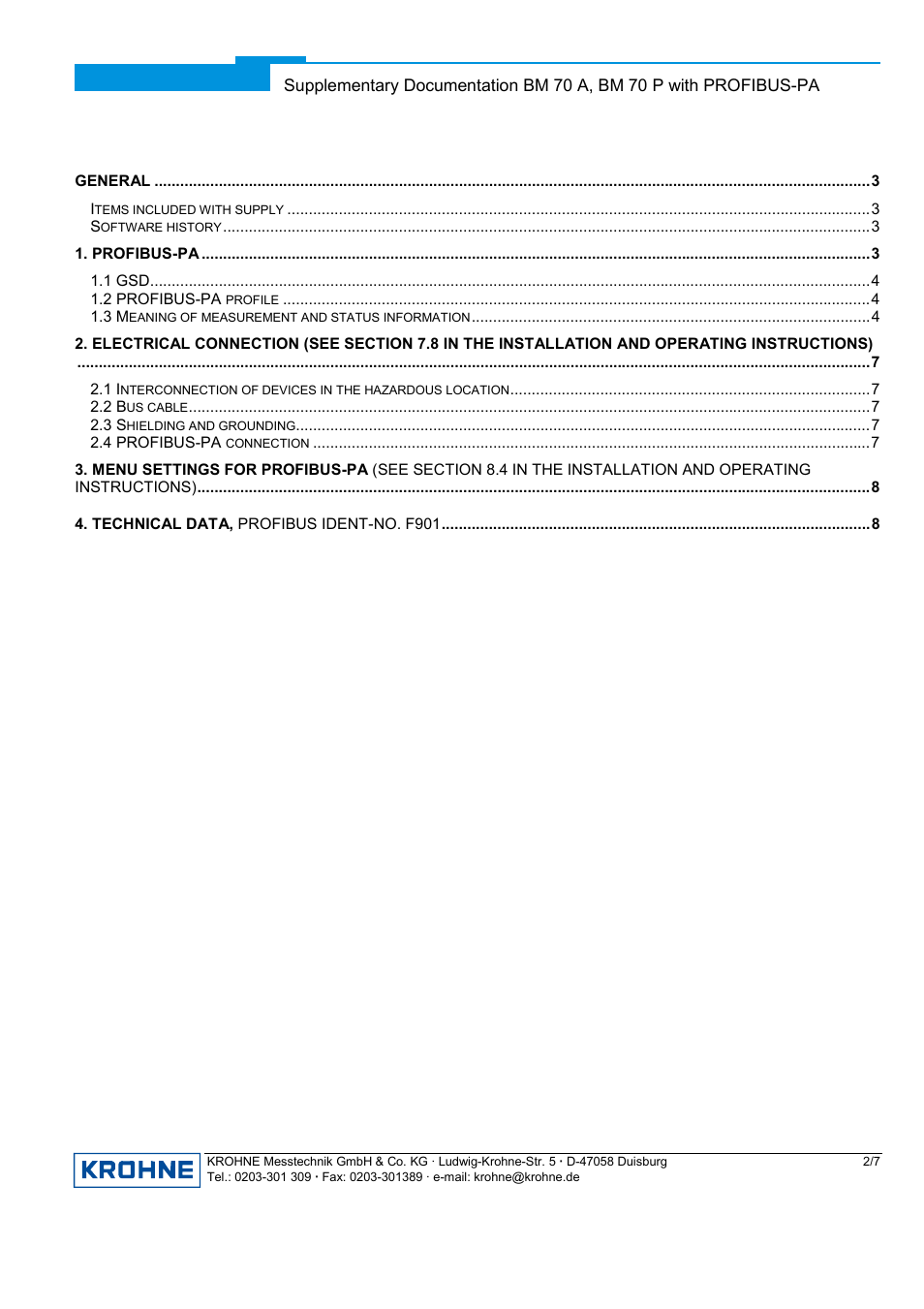 KROHNE BM 70A-P PROFIBUS PA DE User Manual | Page 2 / 8