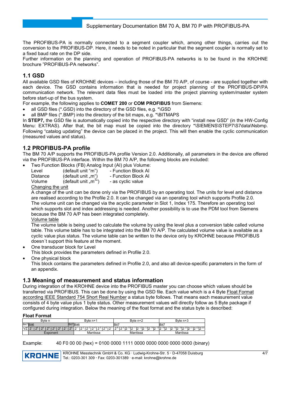 1 gsd, 2 profibus-pa profile, 3 meaning of measurement and status information | 2 profibus-pa, Profile, Eaning of measurement and status information, Float format | KROHNE BM 70A-P PROFIBUS PA DE User Manual | Page 4 / 8