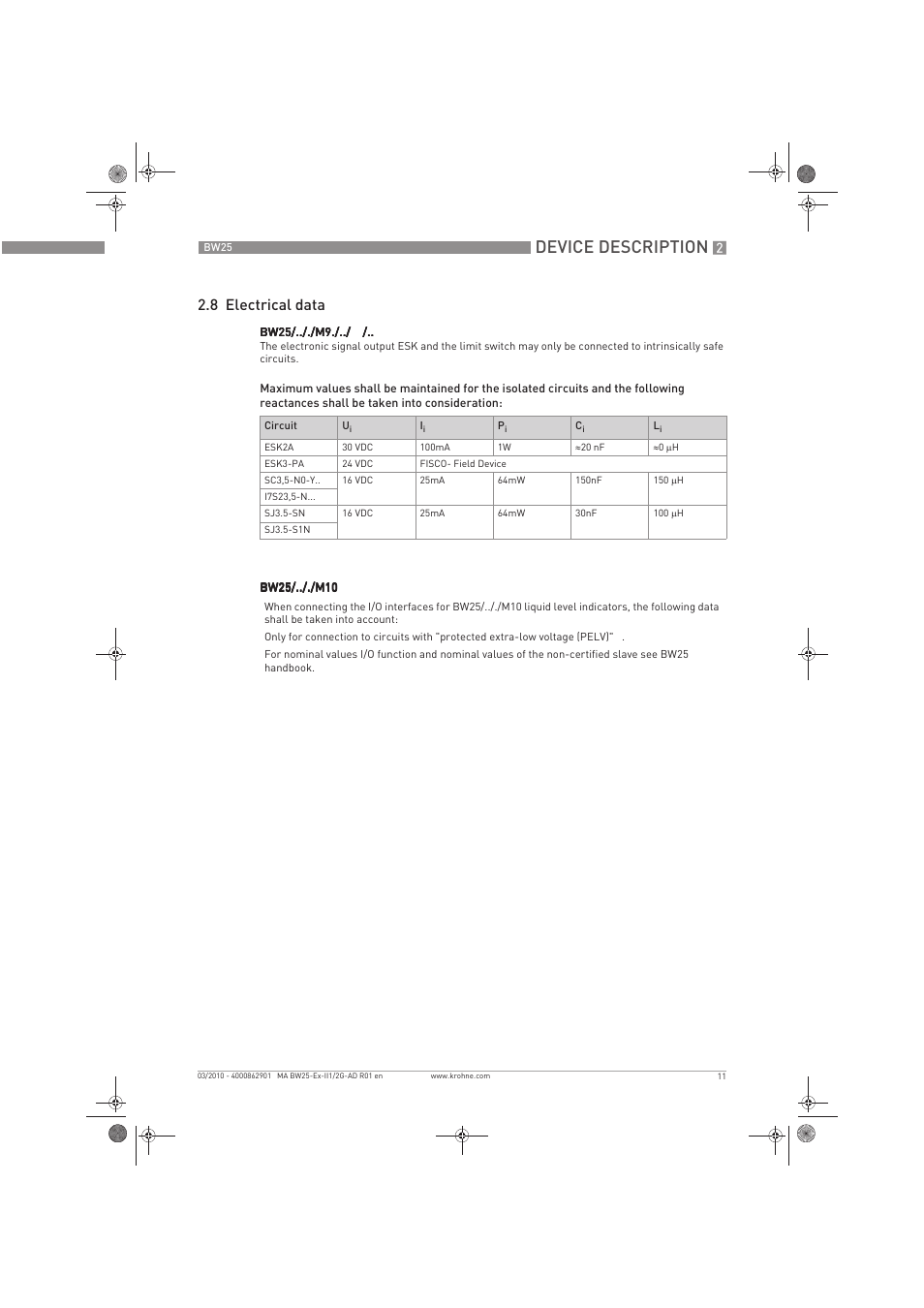 Device description, 8 electrical data | KROHNE BW 25 Ex II 1-2 G EN User Manual | Page 11 / 24