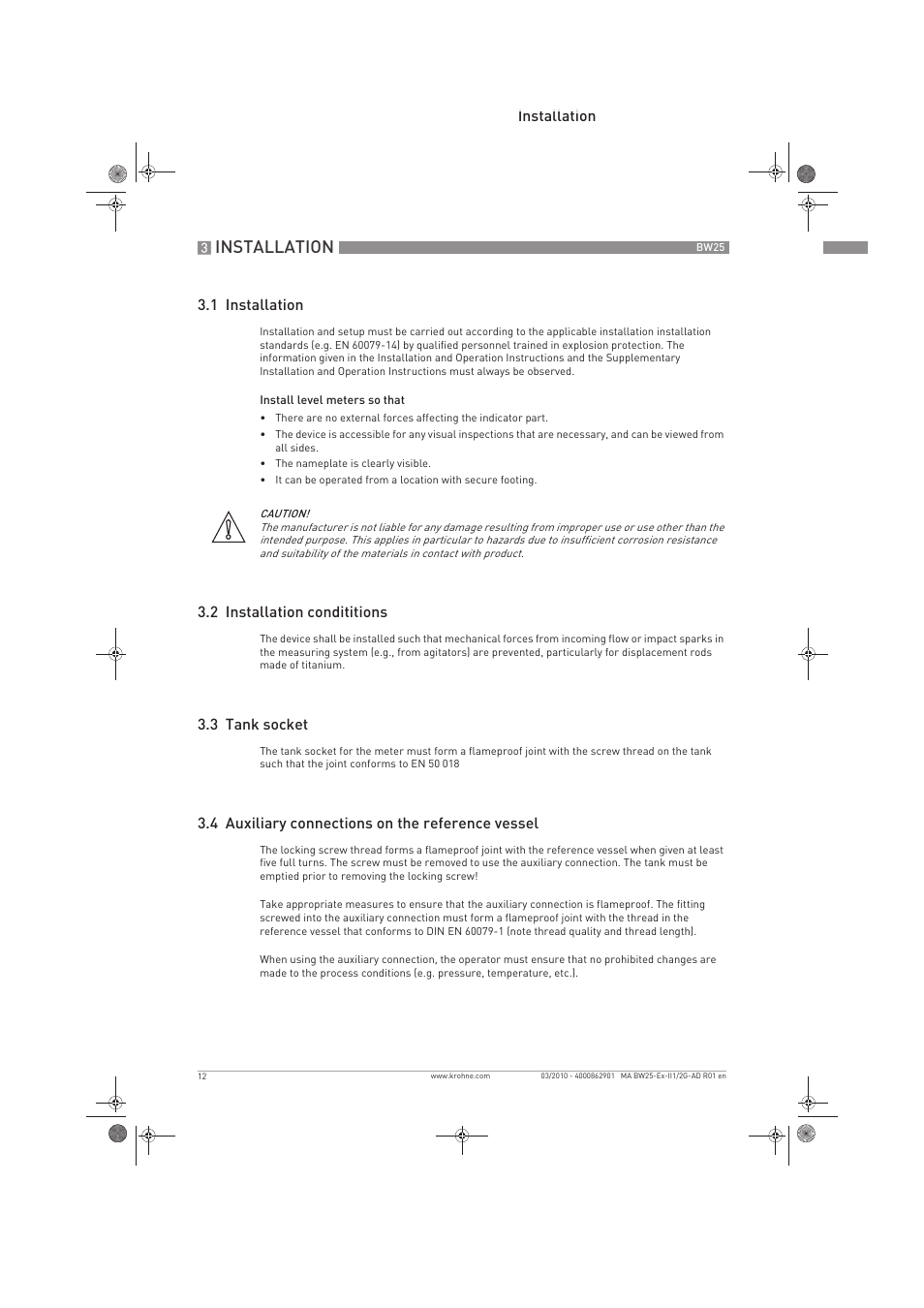 Installation | KROHNE BW 25 Ex II 1-2 G EN User Manual | Page 12 / 24