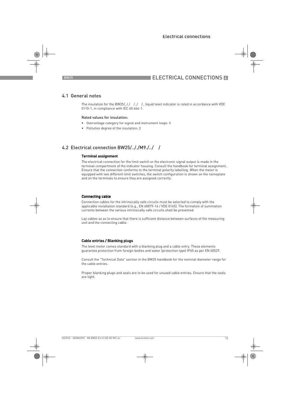 Electrical connections | KROHNE BW 25 Ex II 1-2 G EN User Manual | Page 13 / 24